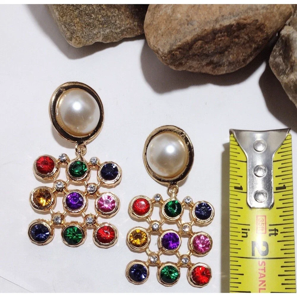BIG Vintage 90s Color Block Pearl Gold tone Statement Earrings